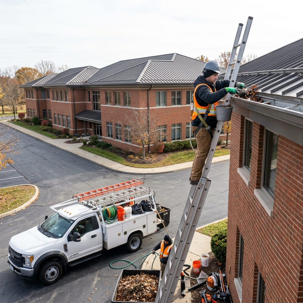 commercial building roofline with large downspouts