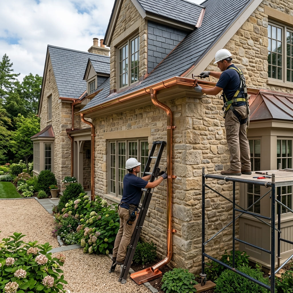 half-round copper gutter with soldered joint
