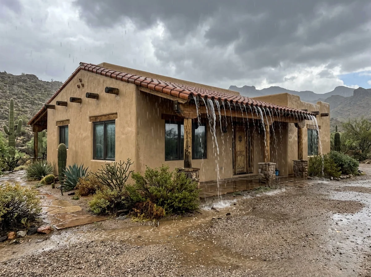 Arizona desert home with rain sheeting off a bare roof edge during a monsoon storm