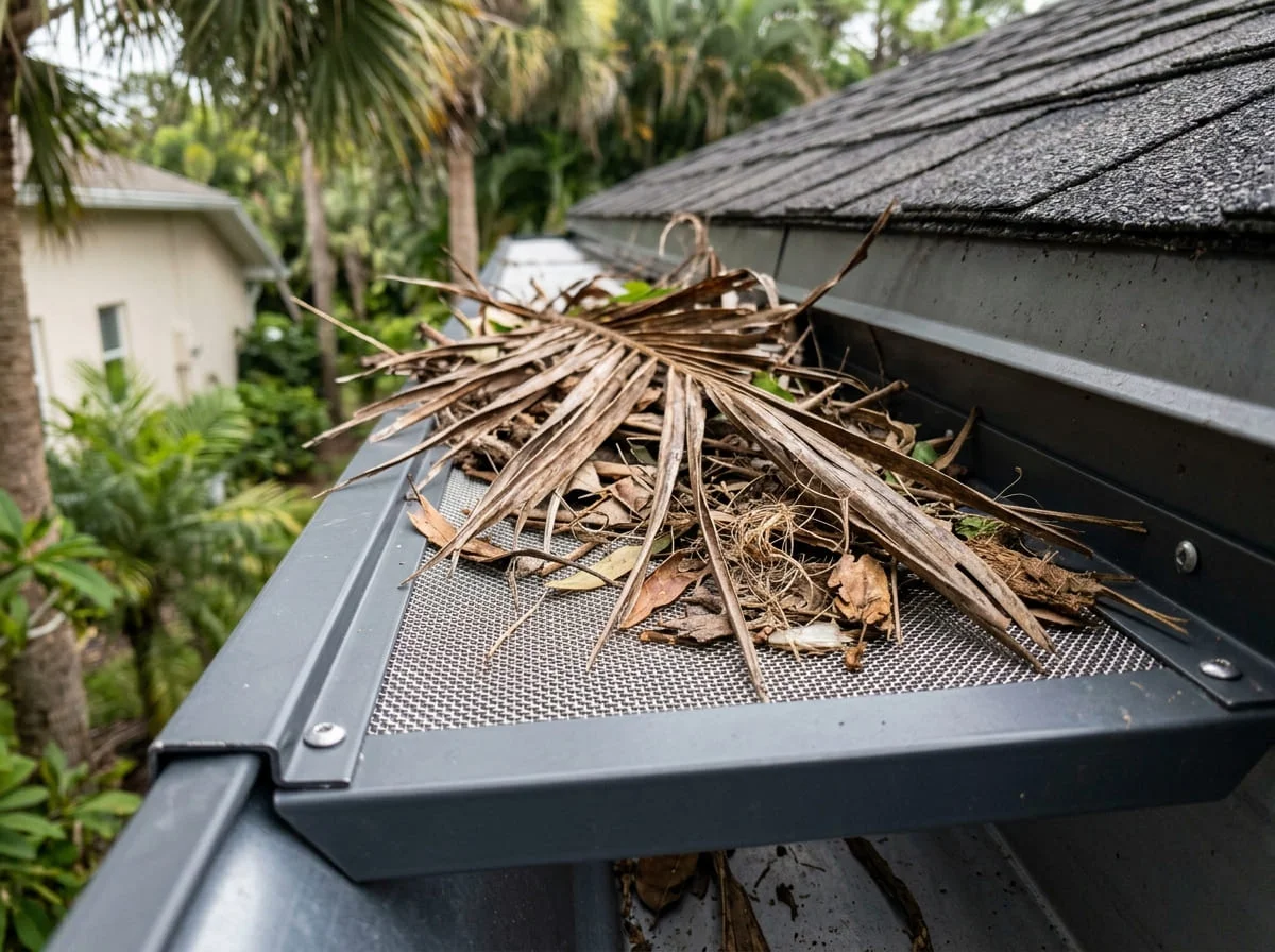 Micro-mesh gutter guard on an Arizona home with palm fronds and desert dust resting on top of the mesh