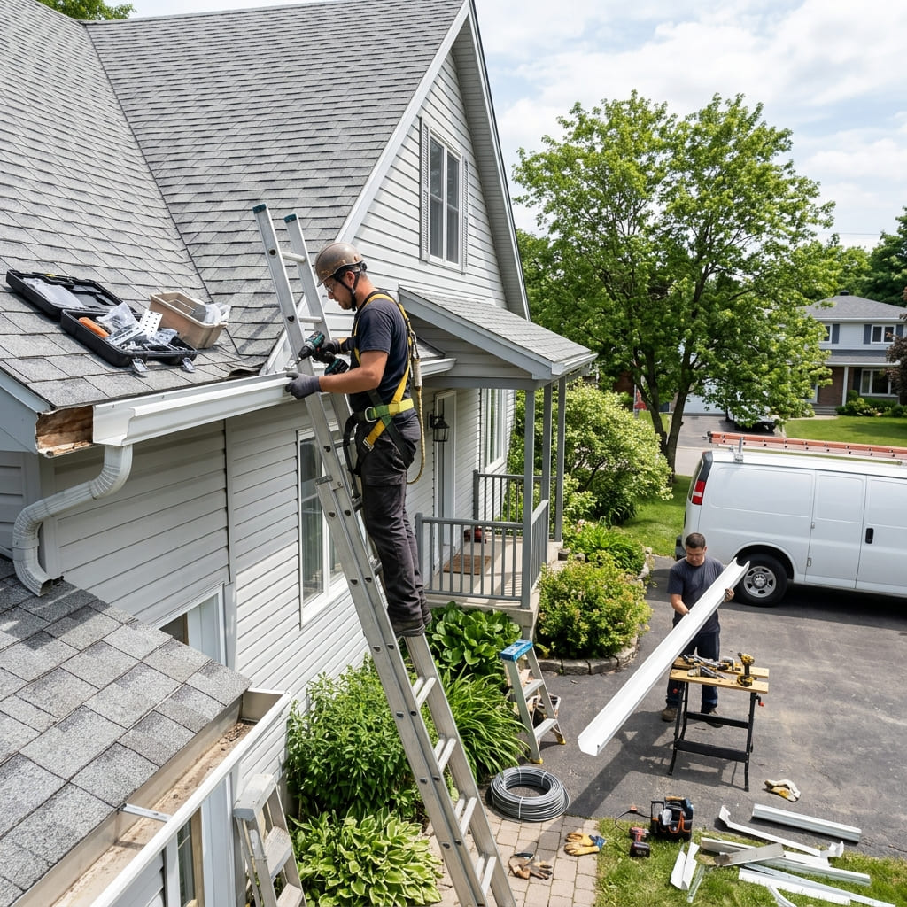 new seamless gutter install on stucco home