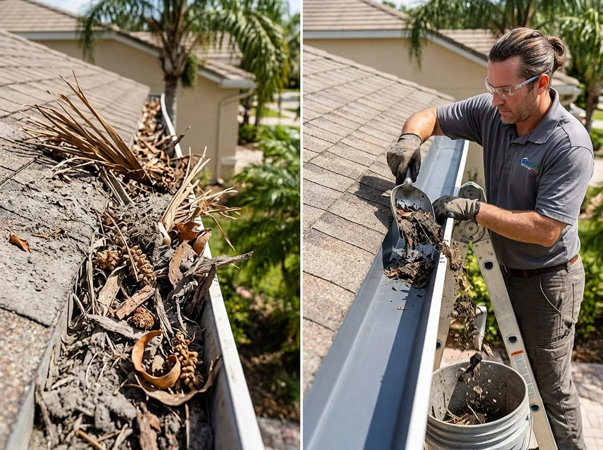 Arizona gutter packed with dried dust, palm frond pieces, and monsoon grit being cleared by hand