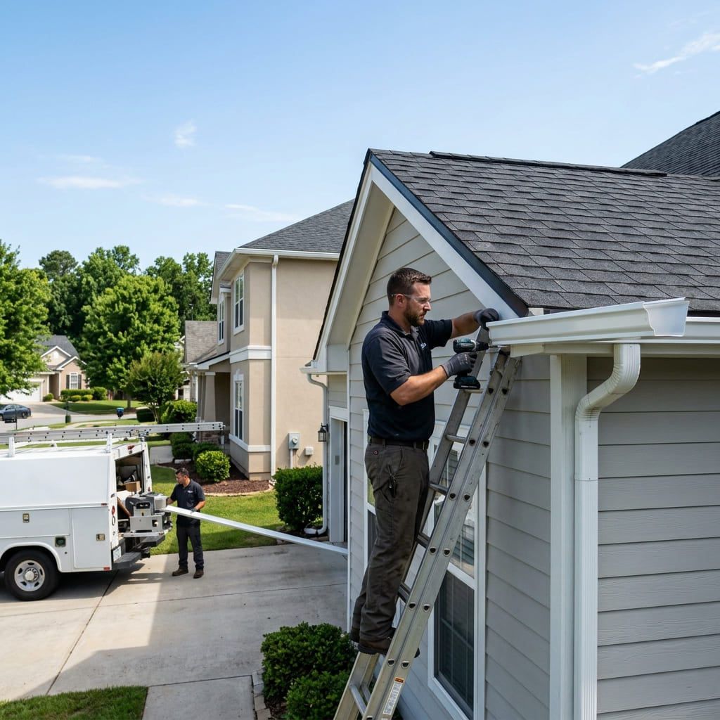 finished seamless gutter run on stucco home