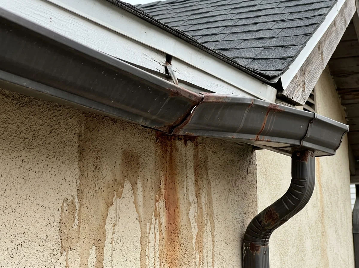 Sagging, rust-stained rain gutter pulling away from an Arizona home's fascia before monsoon season
