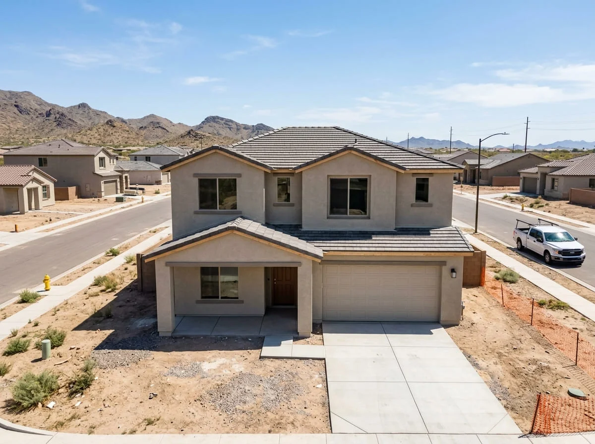 Newly built Arizona subdivision home with bare fascia and no rain gutters installed